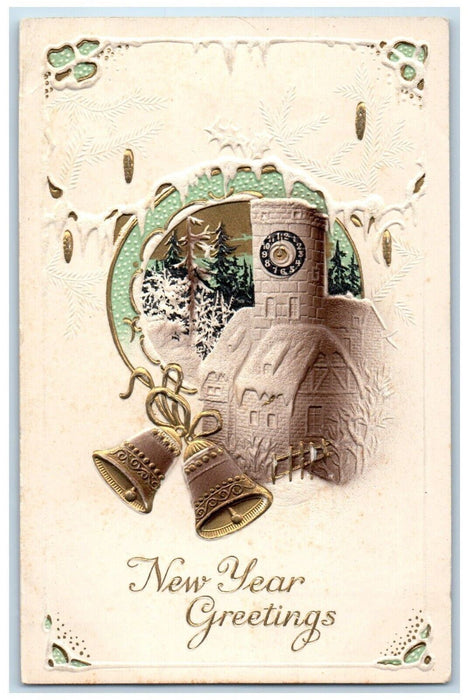 c1910's New Year Greeting Ringing Bells Clock Tower Airbrushed Antique Postcard