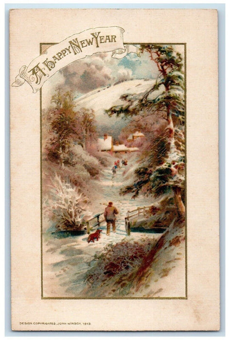 c1910's New Year John Winsch Man Dog Bridge Winter Embossed Antique Postcard