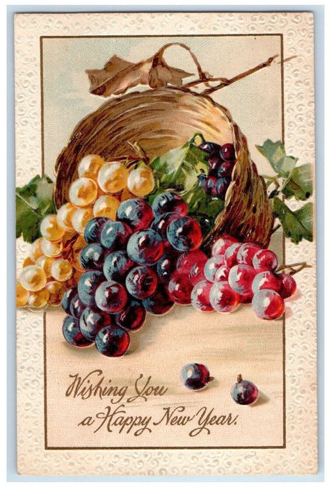 c1910's Happy New Year Grapes In Basket Clapsaddle Embossed Antique Postcard