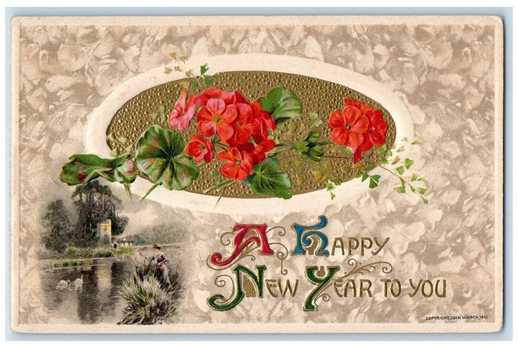 c1910's Happy New Year John Winsch Flowers Embossed Artist Signed Postcard