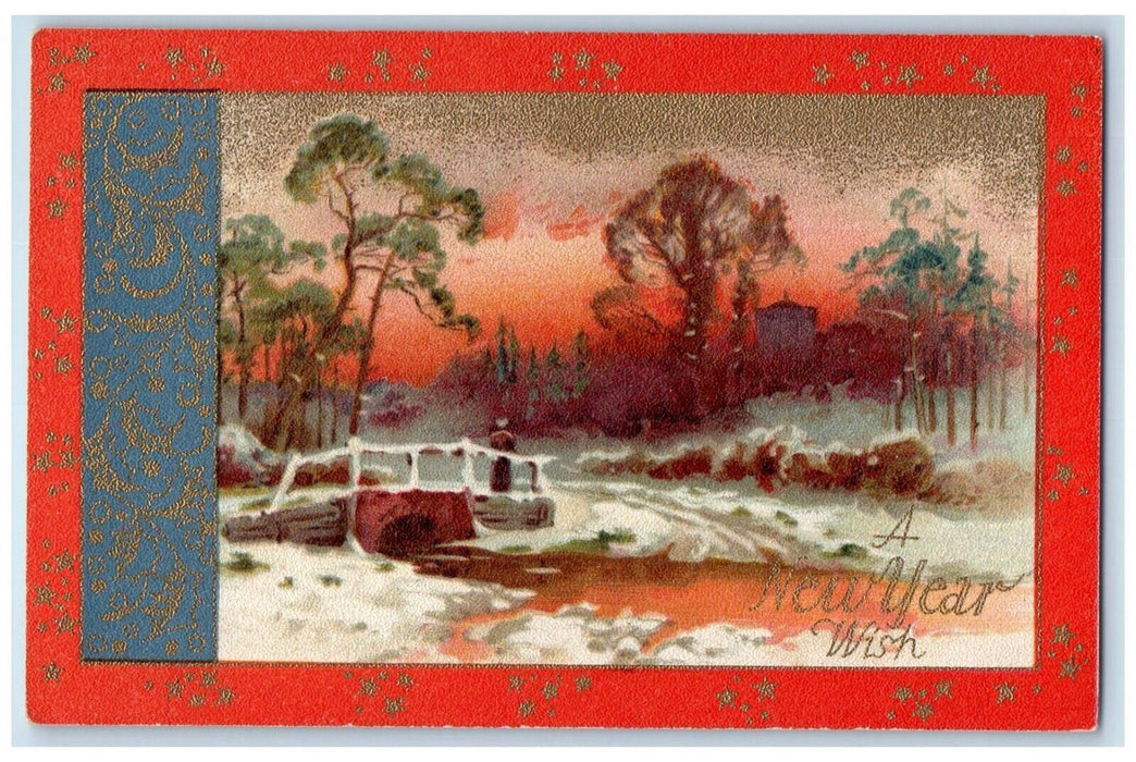 c1910's Happy New Year Winsch Back Bridge Trees Winter Unposted Antique Postcard