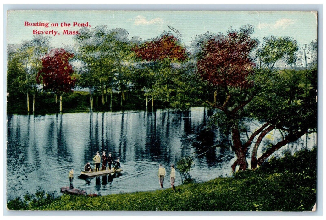 1911 Boating Pond Raft Paddle Beverly Massachusetts MA Vintage Antique Postcard