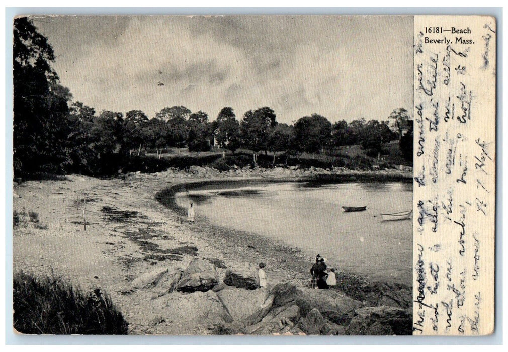 1907 Beach Rock Canoe Boat Trees Beverly Massachusetts Vintage Antique Postcard