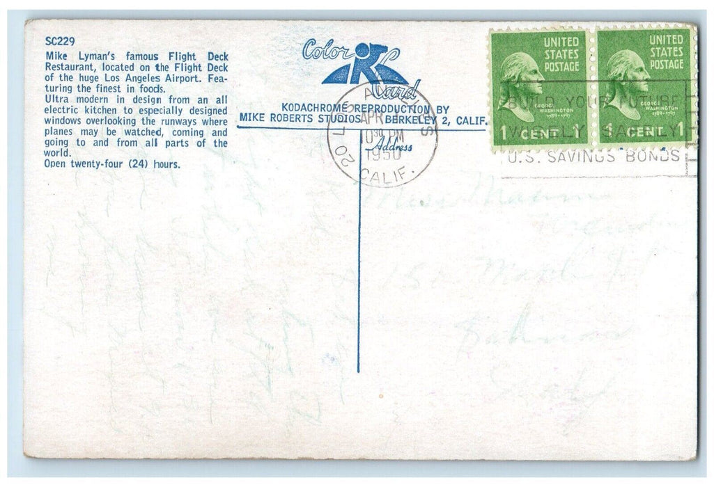 1950 Mike Lyman's Flight Deck Restaurant Los Angeles Airport California Postcard