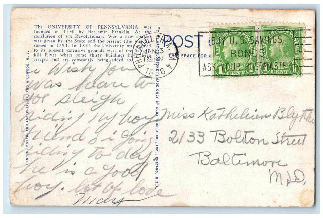 1936 Memorial Tower Statue University Penna Philadelphia Pennsylvania Postcard