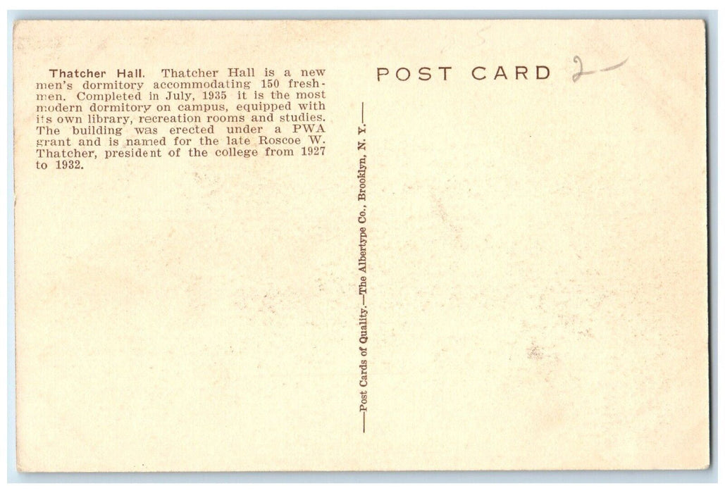 c1940 Thatcher Hall Men's Dormitory State College Amherst Massachusetts Postcard