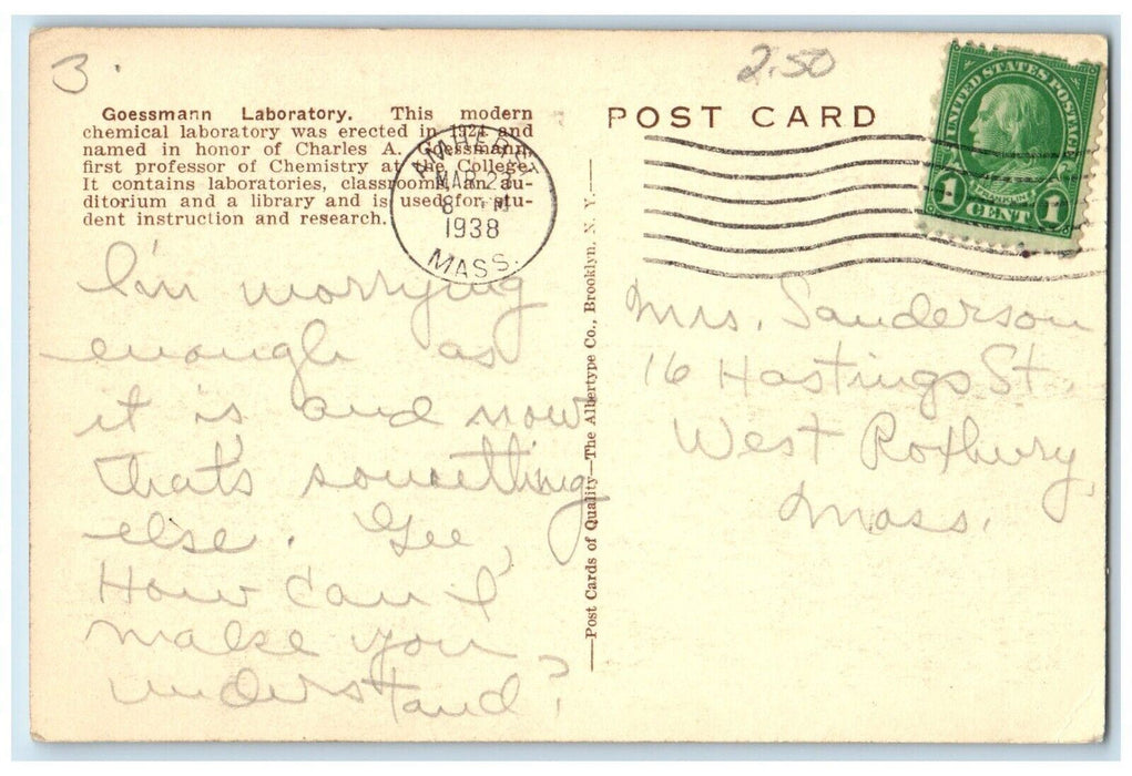 1938 Goesmann Laboratory State College Exterior Amherst Massachusetts Postcard