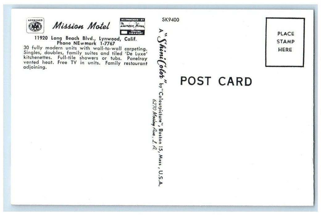 c1950 Mission Motel Long Beach Los Angeles Hollywood Lynwood California Postcard