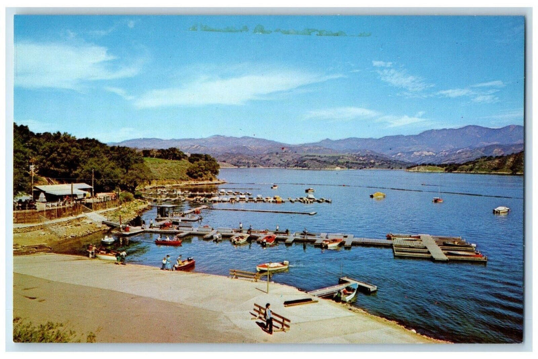 c1960 Boat Landing Fishing Pier Canoe Boat Lake Cachuma California CA Postcard