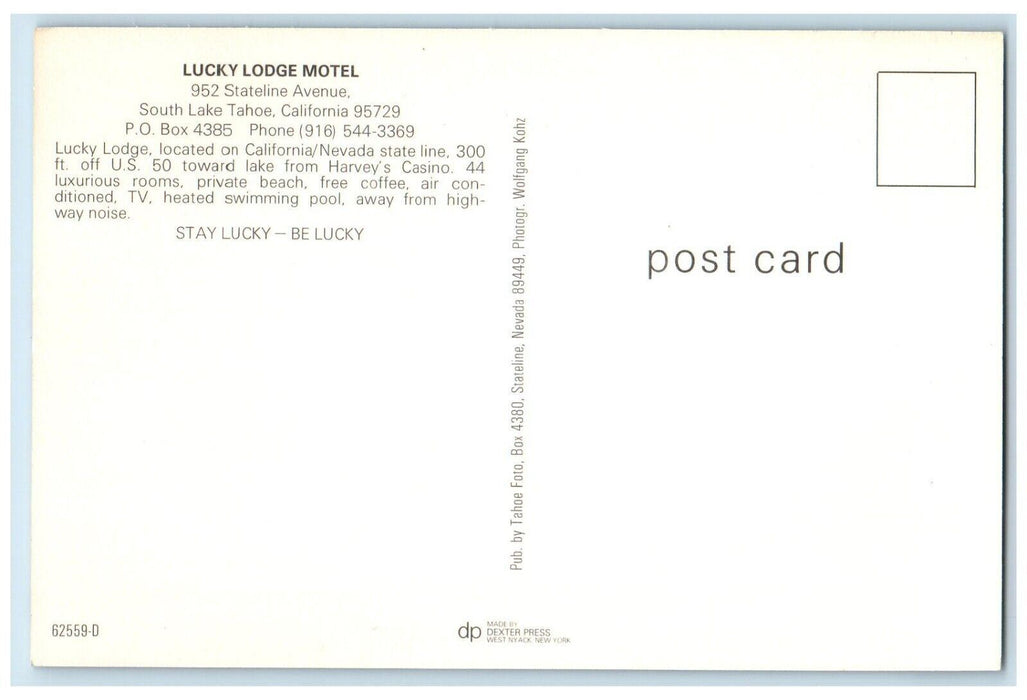c1960 Exterior View Lucky Lodge Motel Cars South Lake Tahoe California Postcard
