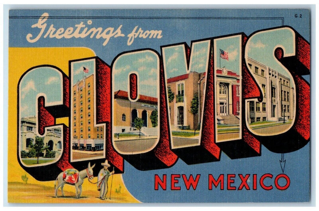 c1940 Greetings From Clovis New Mexico Banner Large Letters Donkey NM Postcard