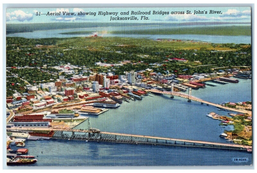 c1940 Aerial View Highway Railroad Bridges St John River Jacksonville Postcard