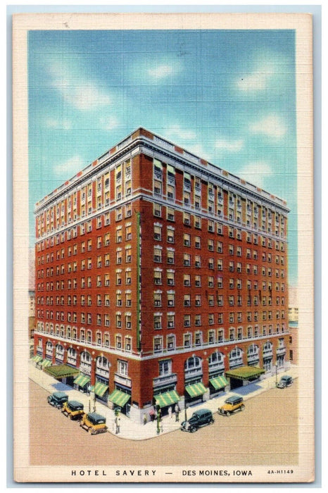 1936 Exterior View Hotel Savery Building Des Moines Iowa Posted Antique Postcard