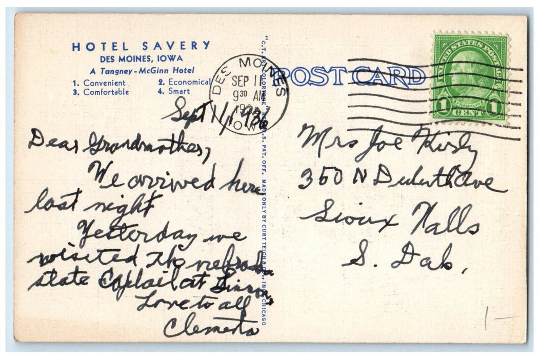 1936 Exterior View Hotel Savery Building Des Moines Iowa Posted Antique Postcard
