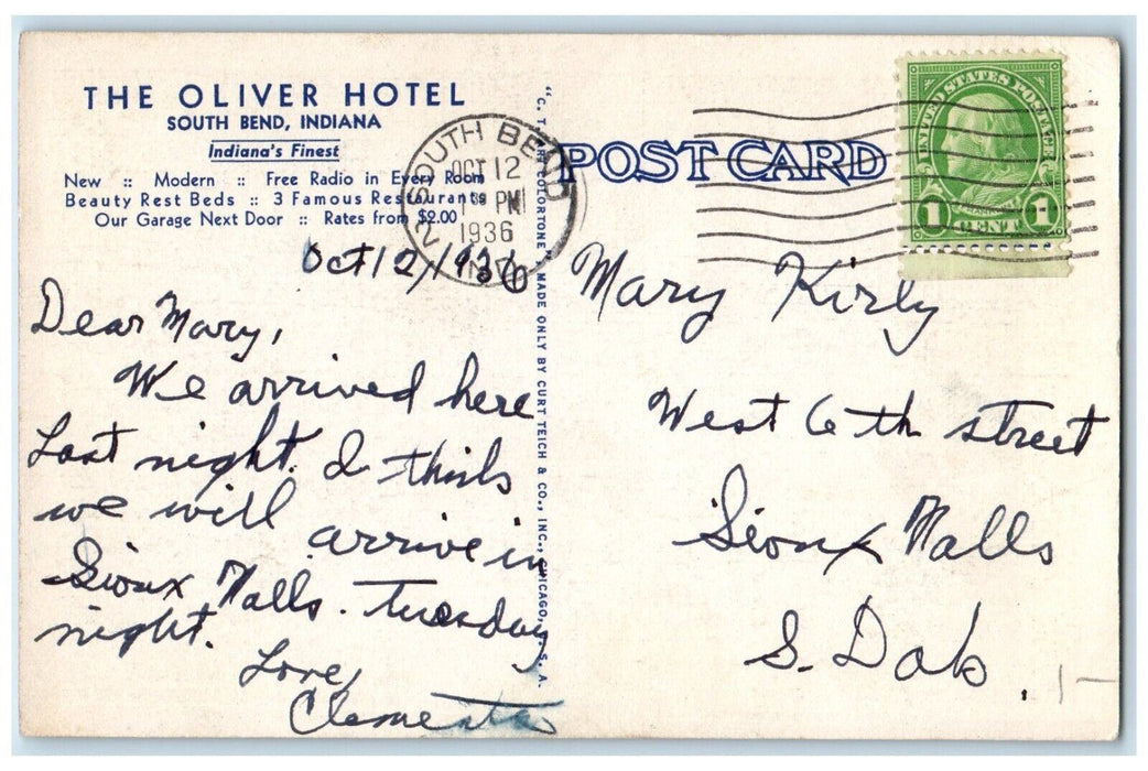1936 Spacious Main Lobby Oliver Hotel South Bend Indiana Posted Vintage Postcard