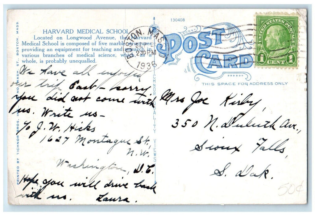 1936 Aerial View Harvard Medical School Boston Massachusetts MA Vintage Postcard