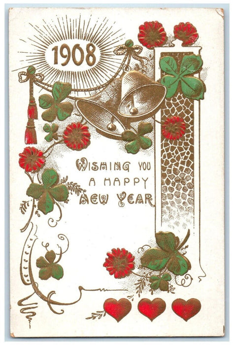 c1910's Happy New Year Ringing Bells Shamrock Flowers Embossed Antique Postcard