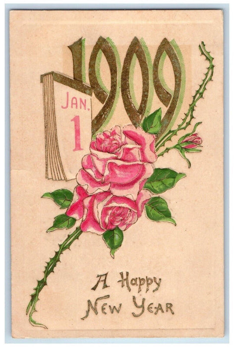 1909 Happy New Year Flowers Roses Calendar Chicago Illinois IL Antique Postcard