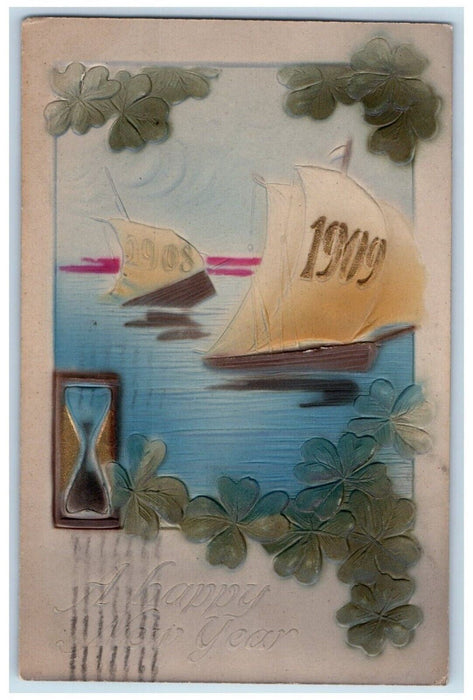 1909 New Year Sailboat Hourglass Shamrock Airbrushed Oregon City OR Postcard