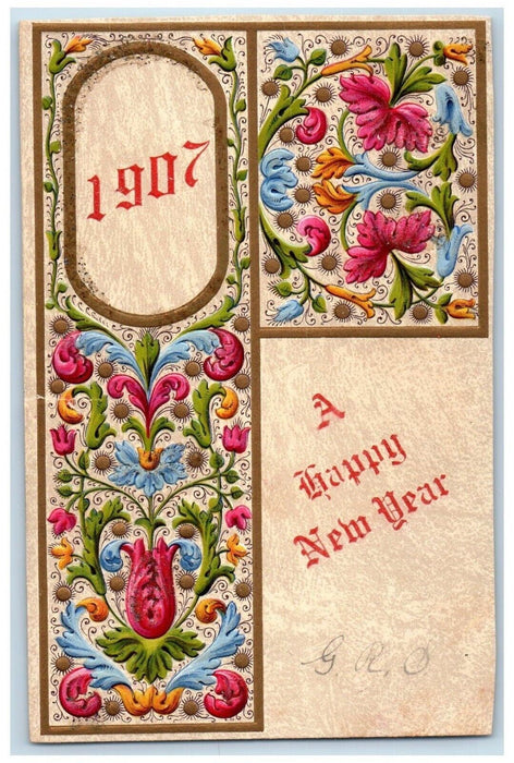 1907 Happy New Year Flowers Embossed Alden Illinois IL Posted Antique Postcard