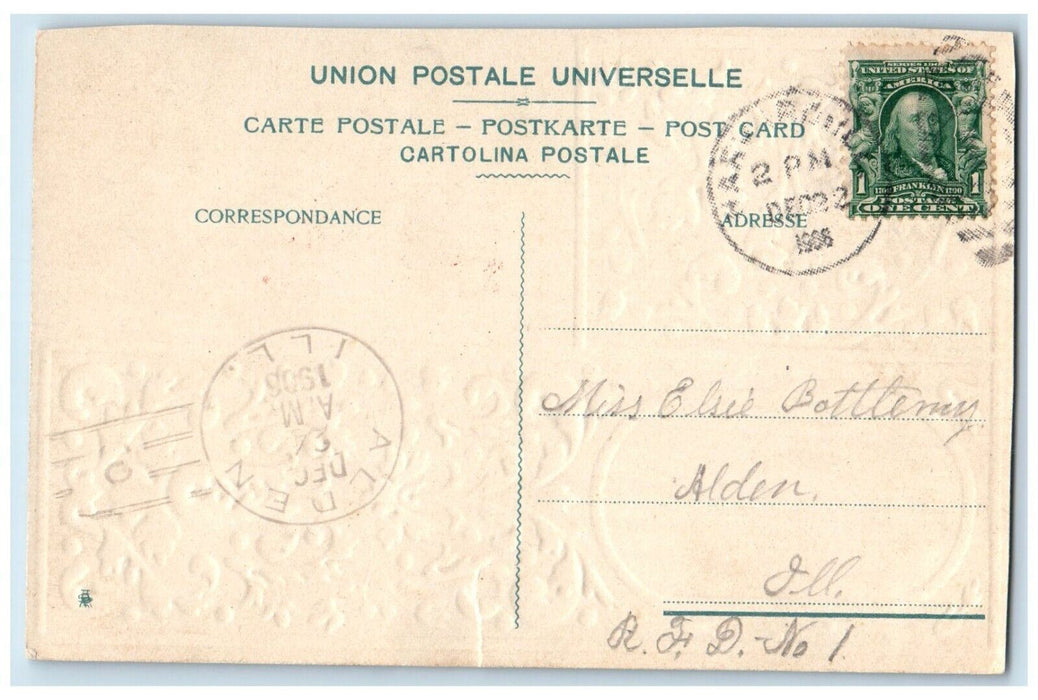 1907 Happy New Year Flowers Embossed Alden Illinois IL Posted Antique Postcard