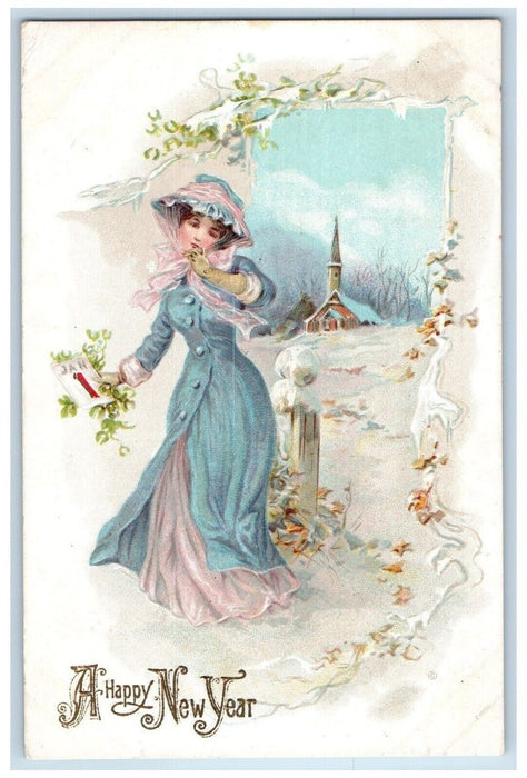 1910 Happy New Year Woman Calendar Mistletoe Winter Embossed Antique Postcard