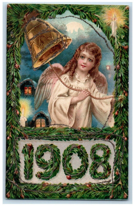 1908 New Year Angel Ringing Bell Pine Cone Candle Light Glitter Posted Postcard