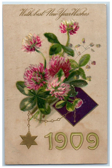 1909 New Year Wishes Star David Shamrock Flowers Winsch Back Embossed Postcard