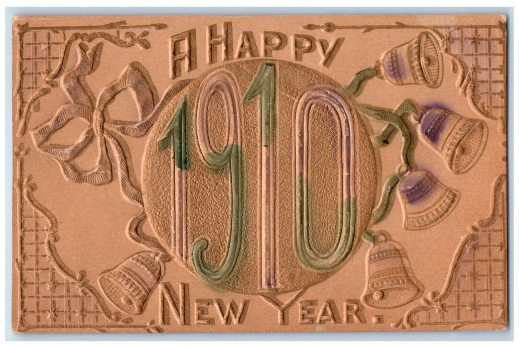 1910 Happy New Year Ringing Bells Airbrushed Embossed Unposted Antique Postcard