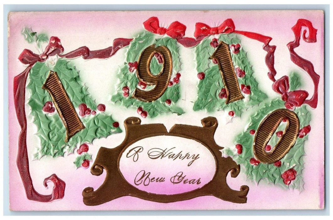 1910 New Year Ringing Bells Holly Berries Ribbon Airbrushed Antique Postcard