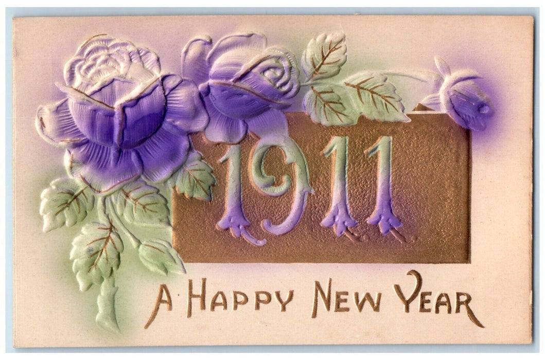 1911 Happy New Year Flowers Airbrushed Embossed Posted Antique Postcard