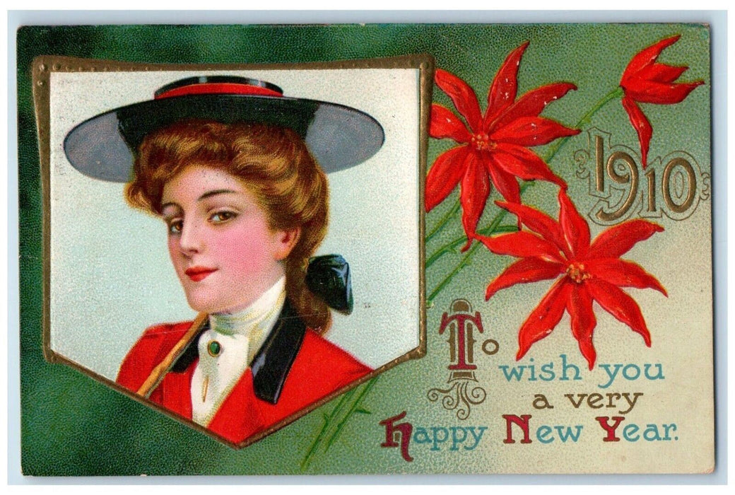 1910 Victorian Woman Big Hat Poinsettia Flowers Embossed Millbrook NY Postcard