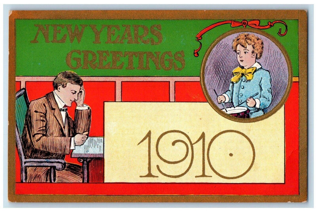 1910 New Year Greetings Man At Office Boy Drummer Embossed Antique Postcard