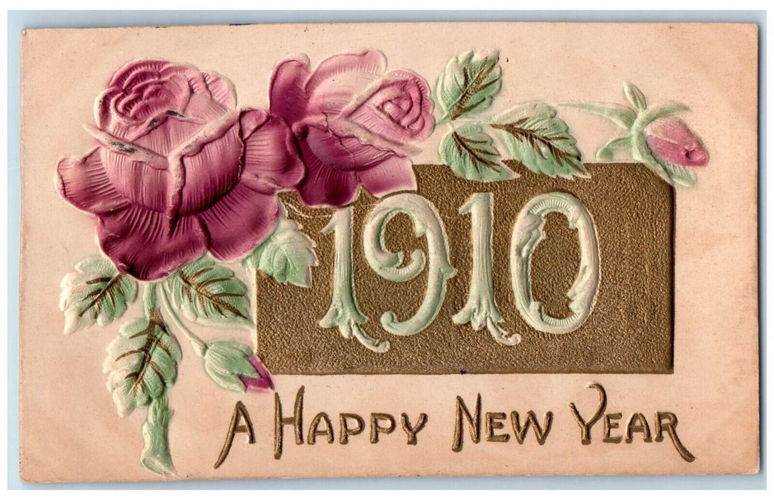 1910 Happy New Year Roses Flowers Airbrushed Embossed Cambridge IL Postcard