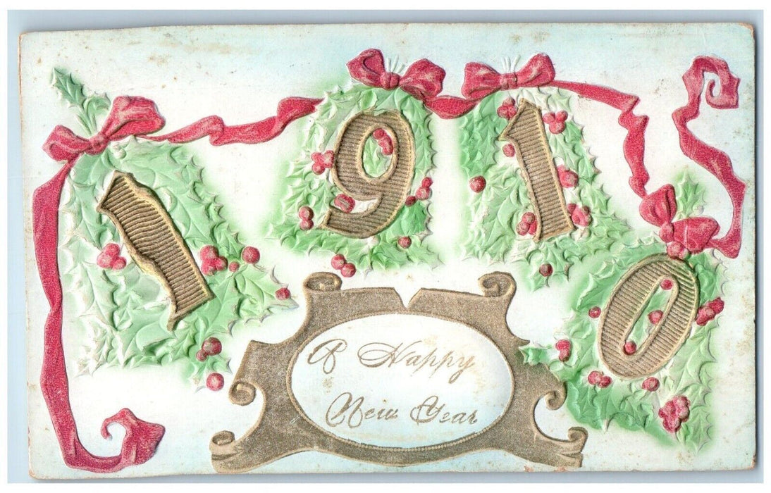 1910 Happy New Year Ringing Bells Holly Berries Airbrushed Clarno WI Postcard