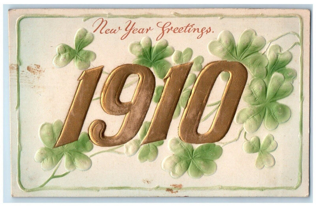 1910 New Year Greetings Shamrock Airbrushed Embossed Posted Antique Postcard