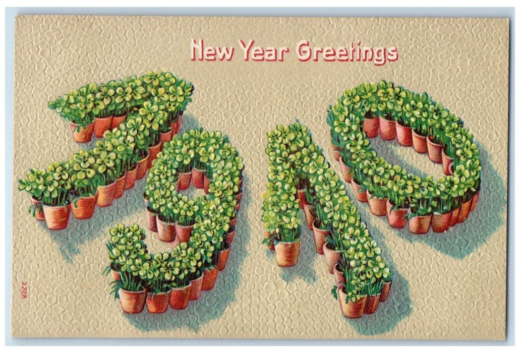 c1910's New Year Greetings Shamrock Pots Embossed Unposted Antique Postcard