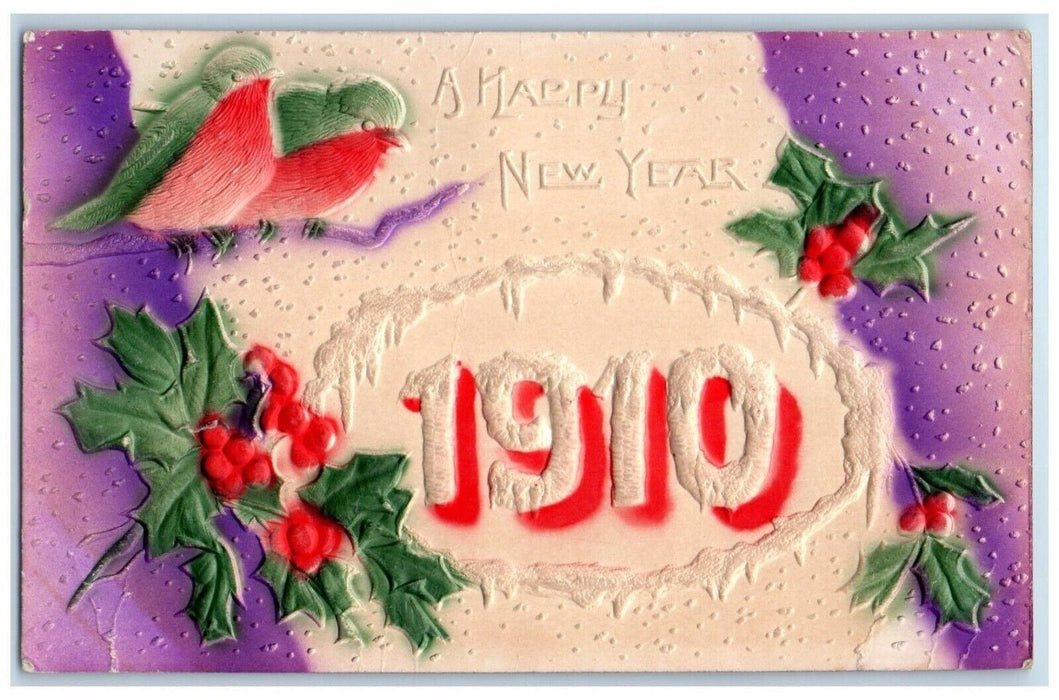 1910 New Year Song Birds Holly Berries Airbrushed Embossed Antique Postcard