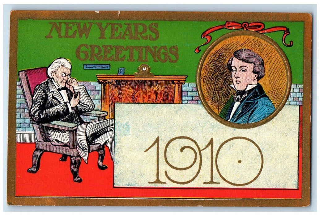 1910 New Year Greetings Old Man Sat On Chair Embossed Bradford IL Postcard