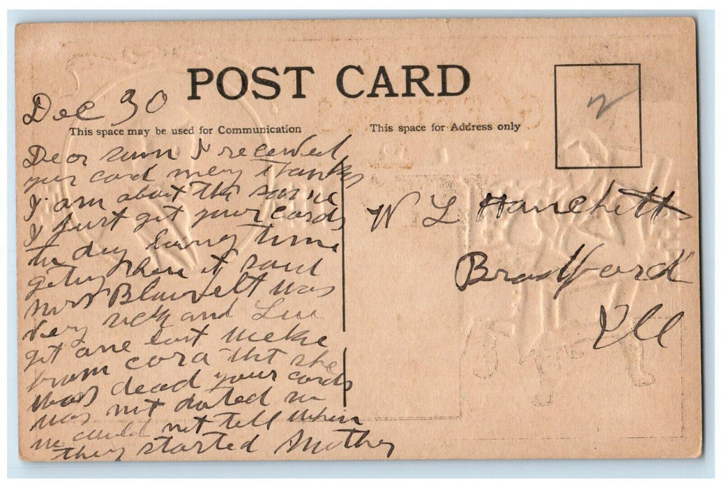 1910 New Year Greetings Old Man Sat On Chair Embossed Bradford IL Postcard