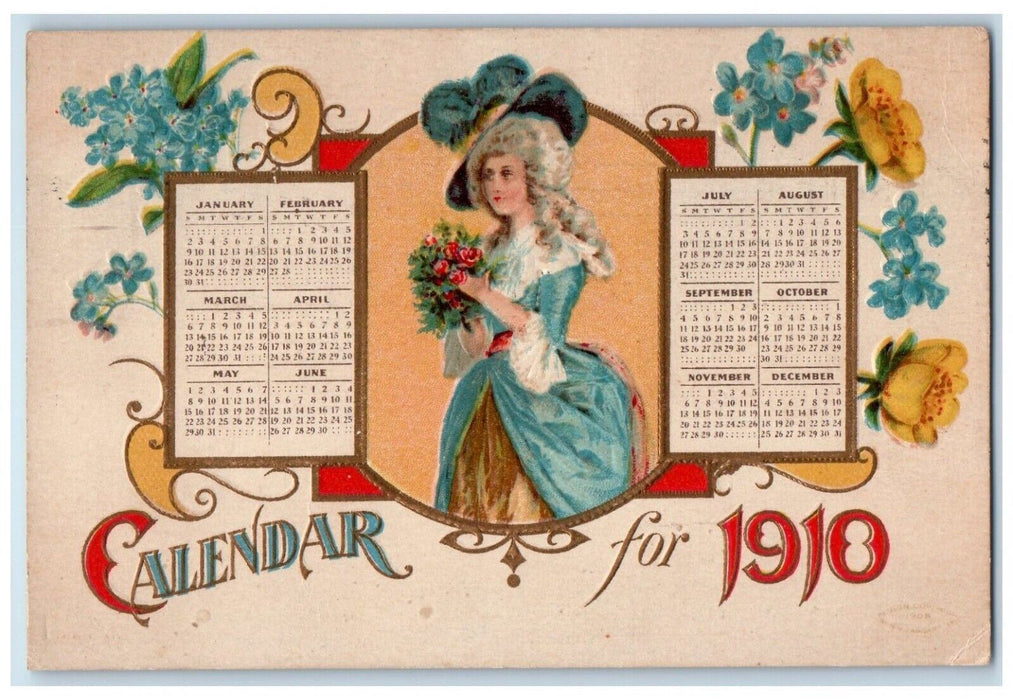 1910 Pretty Woman Feather Hat Calendar Pansies Flowers Chicago IL Postcard