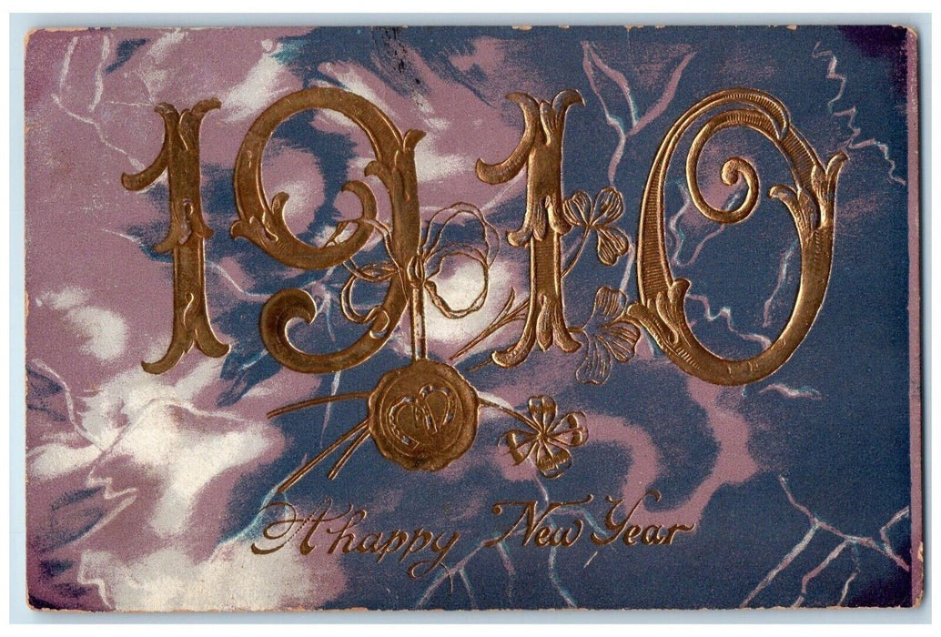 1910 Happy New Year Large Numbers Horseshoe Embossed Keokuk Iowa IA Postcard