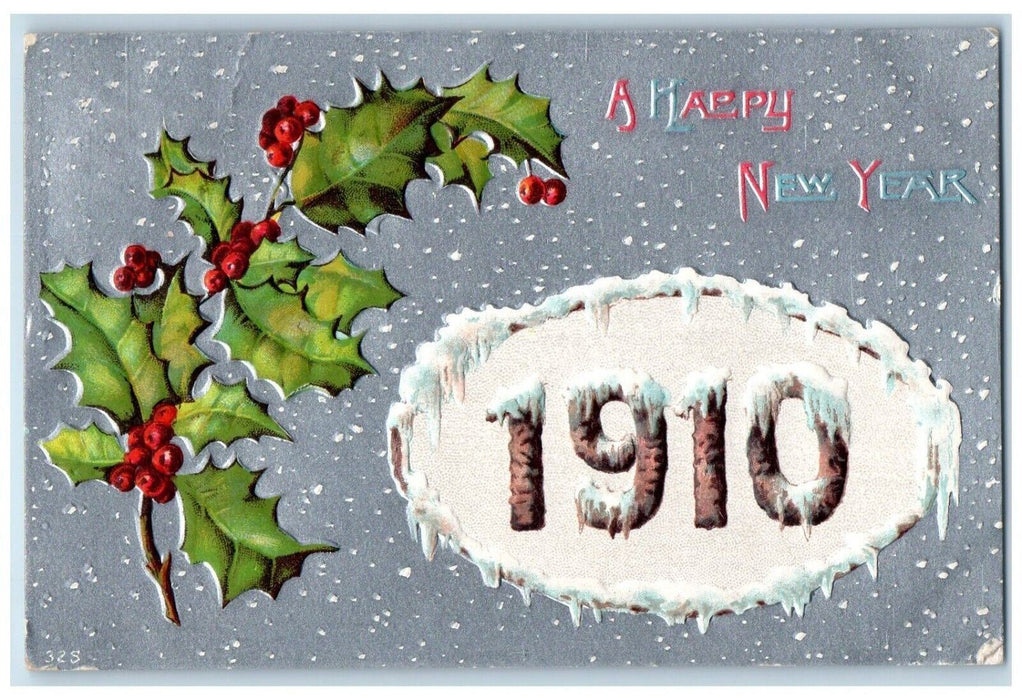 1910 Happy New Year Holly Berries Snowfall Winter Embossed Scammon KS Postcard