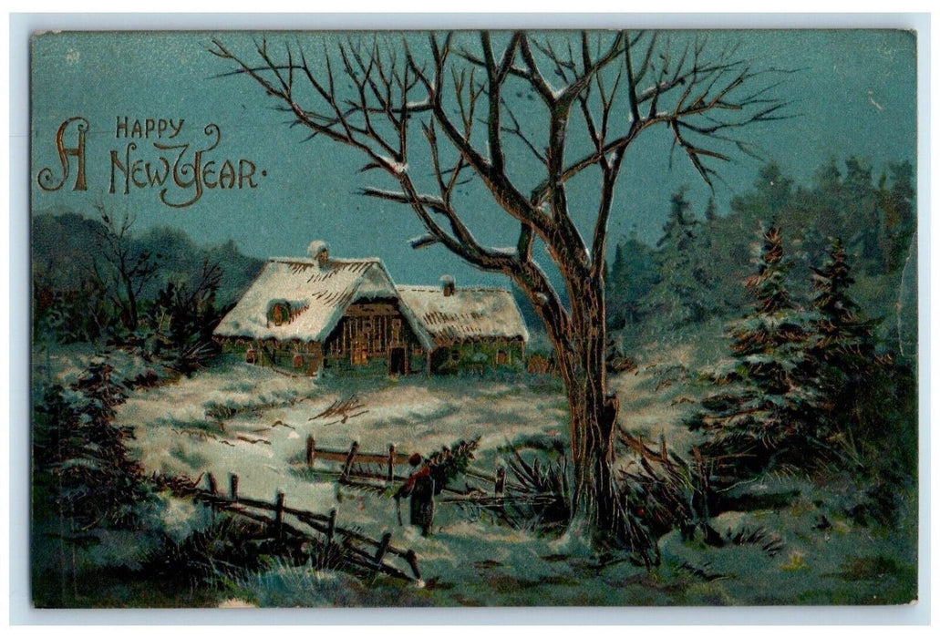 1909 Happy New Year Houses Winter Walden Illinois IL Embossed Antique Postcard