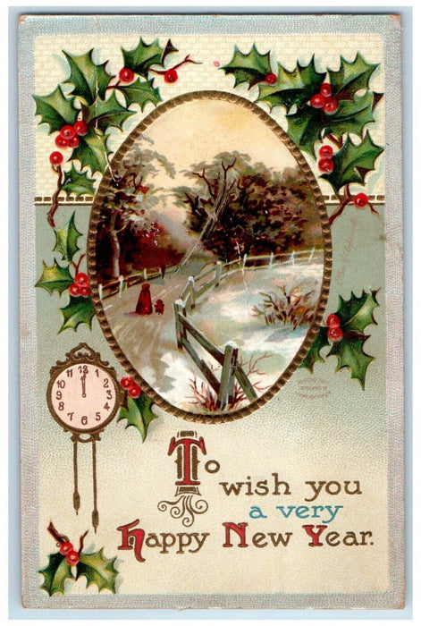 1910 New Year Clock Berries Winter Clapsaddle Streator IL Embossed Postcard