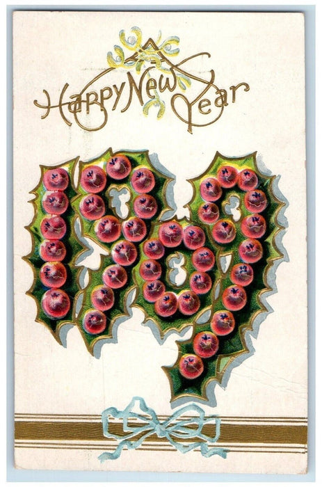 1909 Happy New Year Holly Berries Mistletoe Winsch Back Embossed Postcard