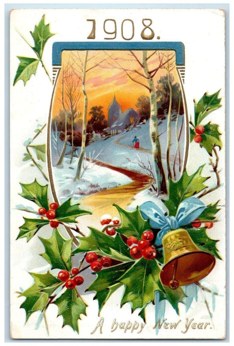 1908 Happy New Year Holly Berries Ringing Bell Winter Tuck's Embossed Postcard