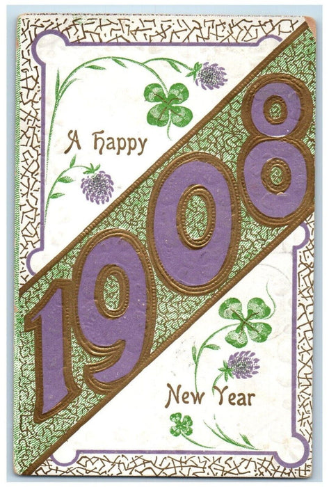 1908 Happy New Year Shamrock Flowers Embossed Chillicothe Ohio OH Postcard