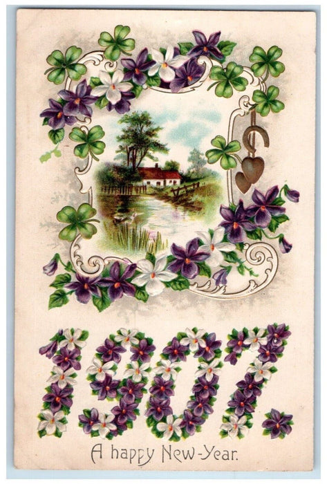 c1905 Happy New Year Pansies Flowers House River Embossed Antique Postcard