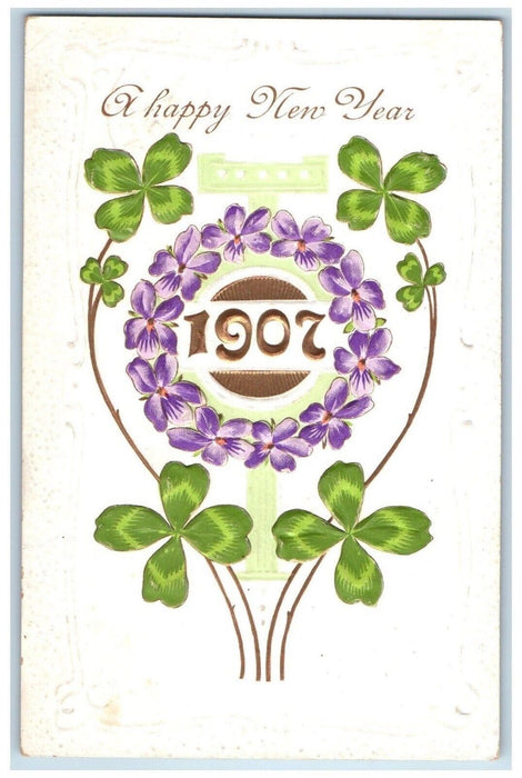 1906 Happy New Year Flowers Shamrock Embossed Philadelphia PA Antique Postcard
